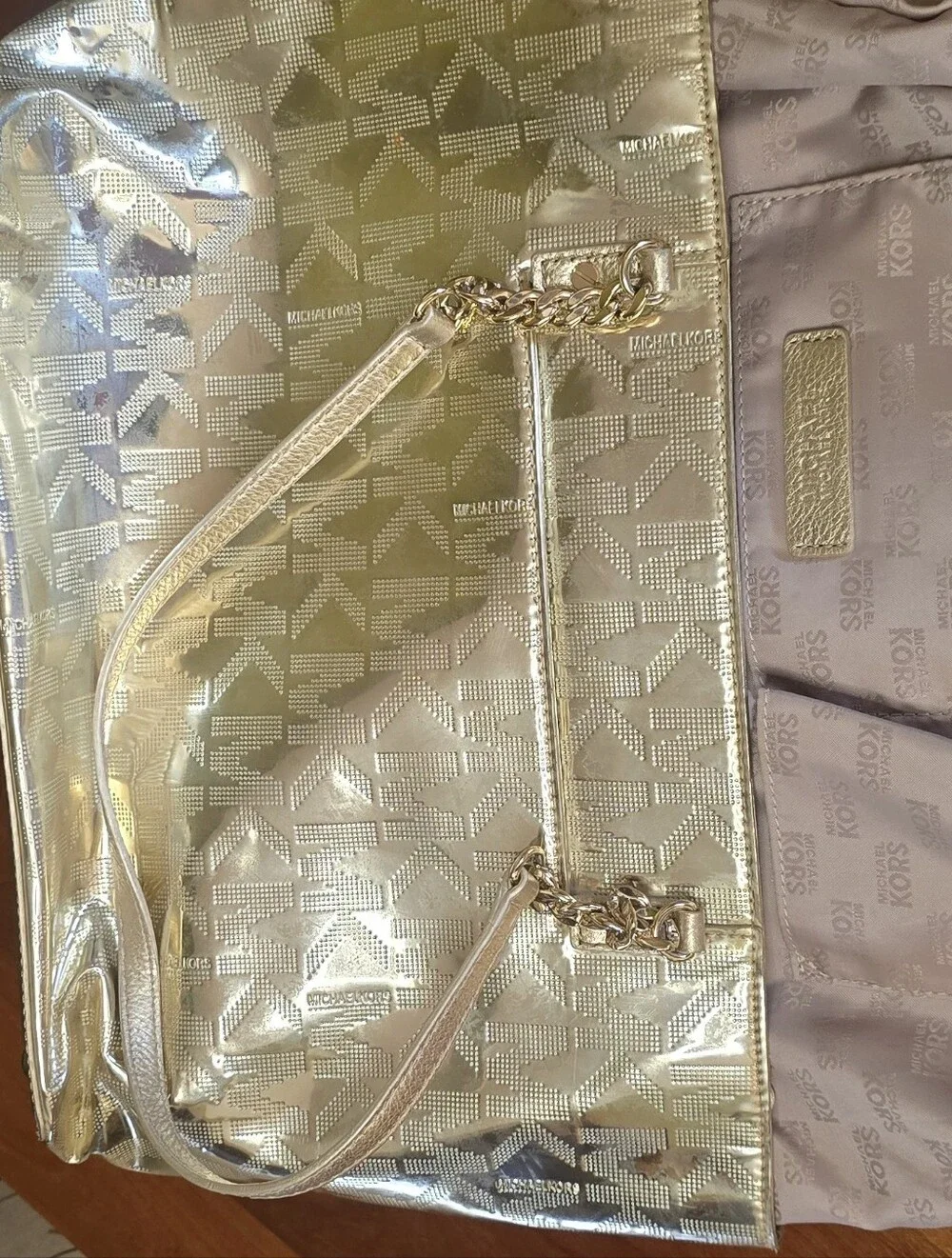 Michael Kors Gold Signature Monogram Logo Tote Metallic Gold